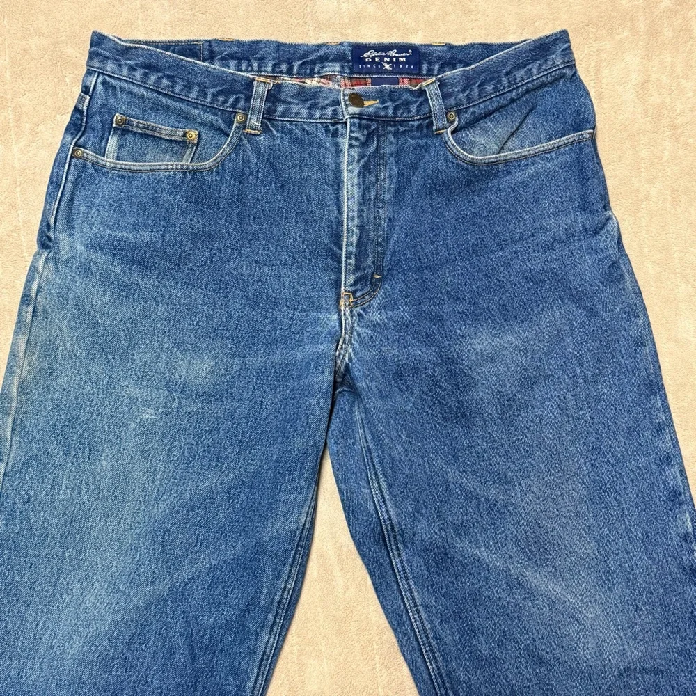 Men's Eddie Bauer Straight Jeans 38x32 Blue with Red Plaid Lining